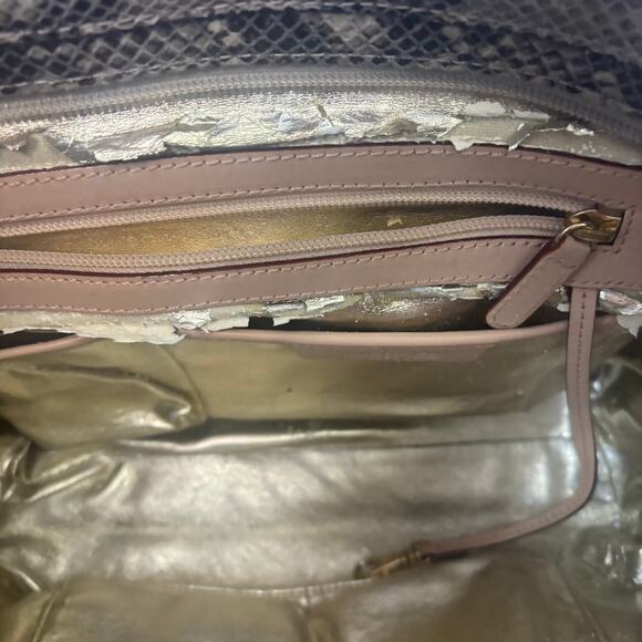 Michael Kors Python Embossed Shoulder Tote Bag Metallic Gold Interior Handbag - Picture 11 of 13